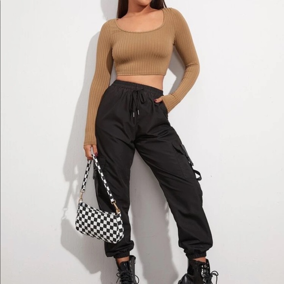 SHEIN Beige Cropped Ribbed Knit Long Sleeve Top M New - Picture 4 of 12